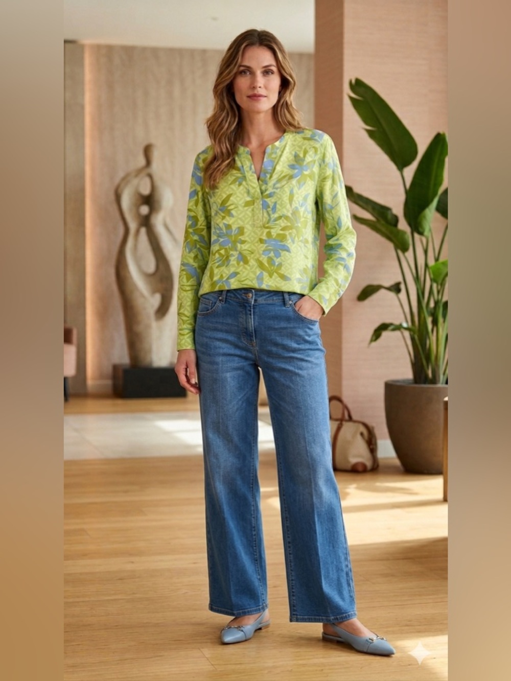 Split-Neck Floral Blouse in Lime Green